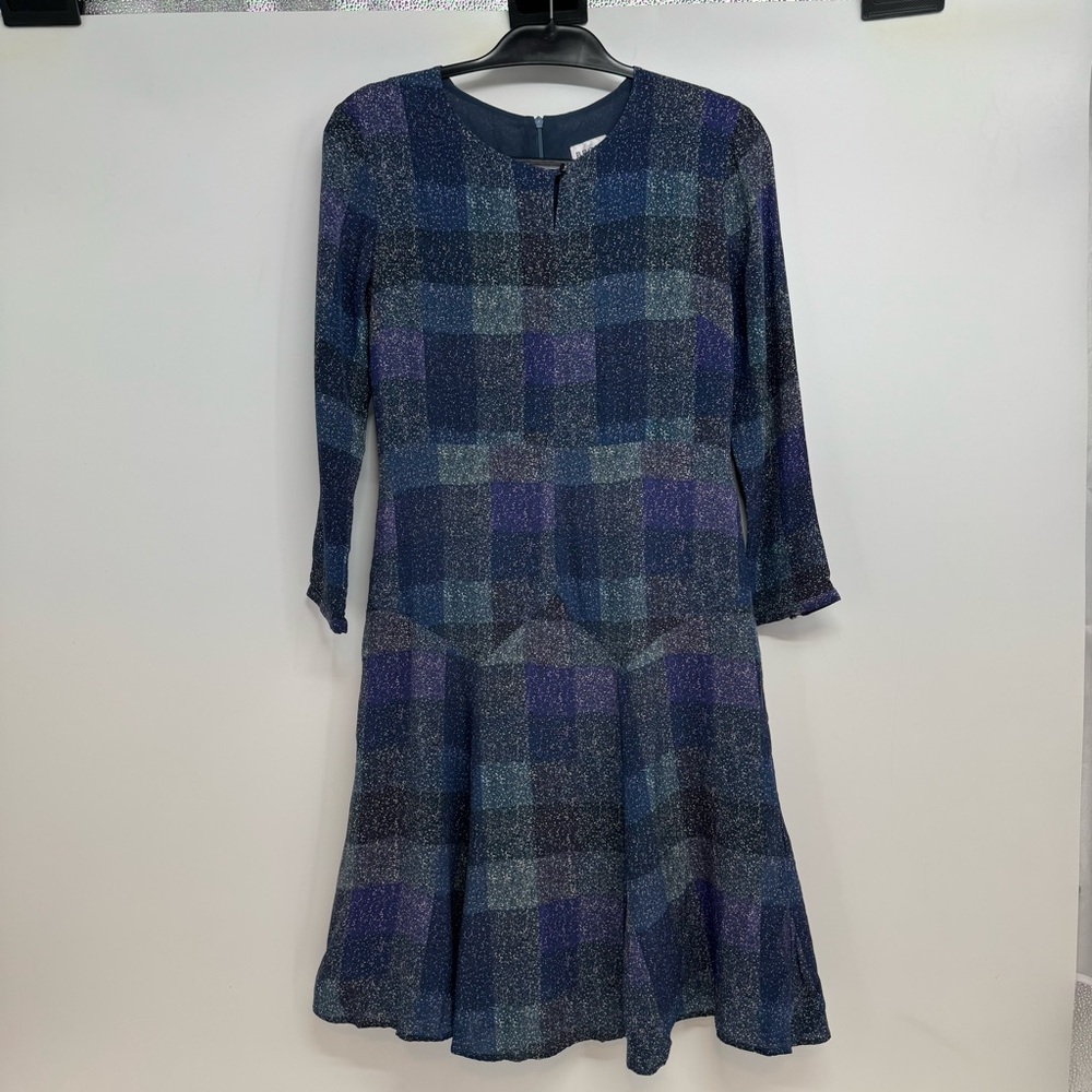 BRORA Plaid  Long Sleeve Flare Midi Dress Sz 10  Multicolor Silk Lined